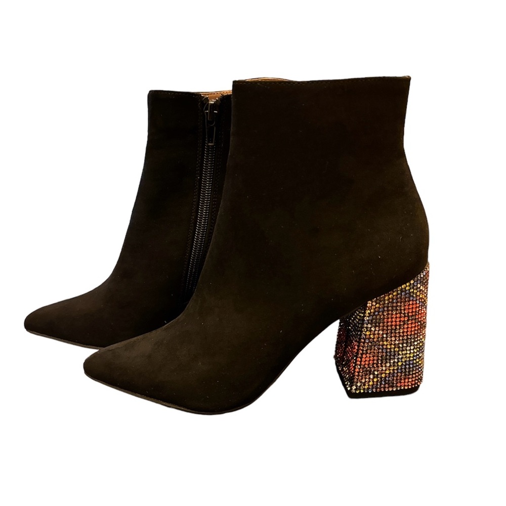 Betsey Johnson Kassie black suede booties with rhinestone heel